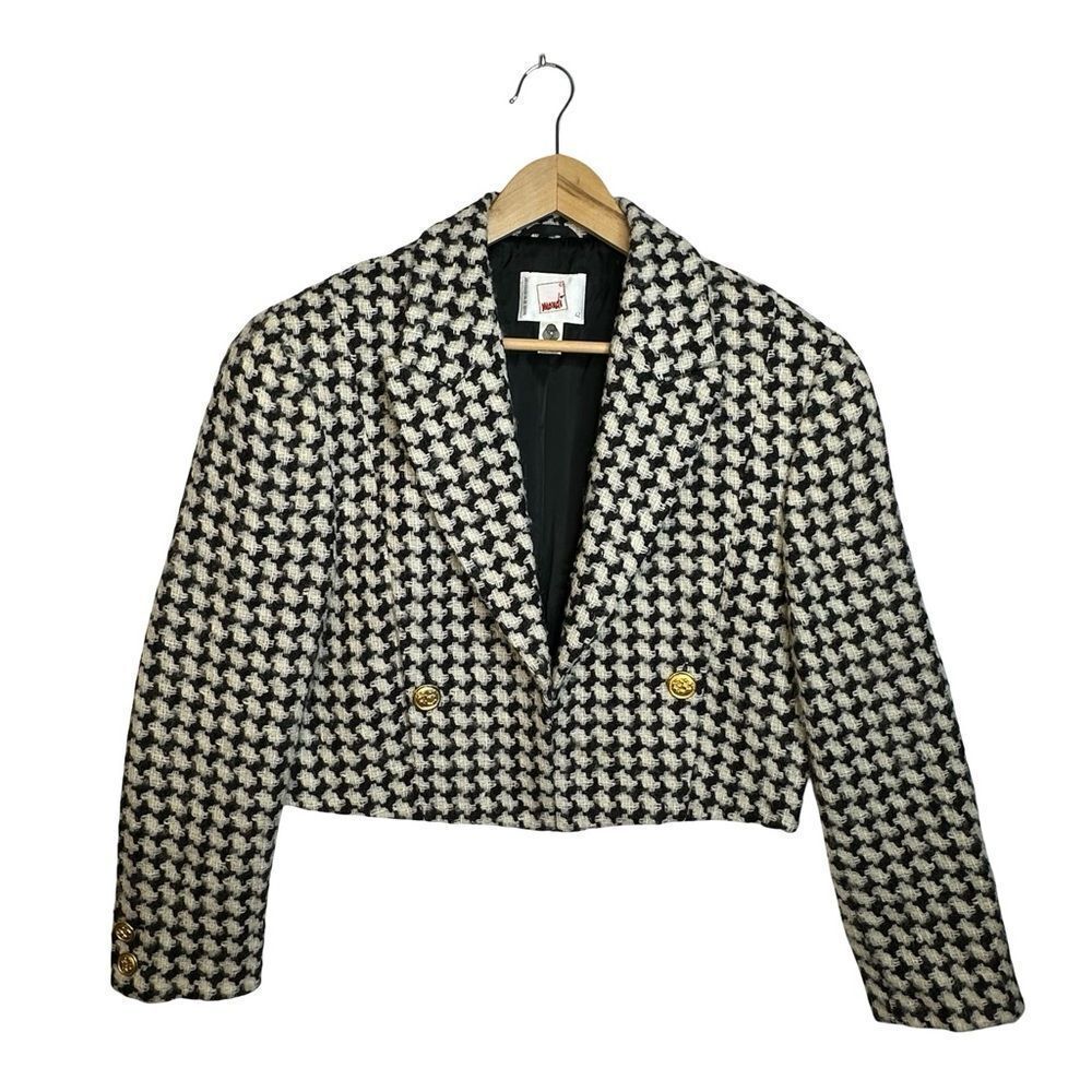 MONDI Vintage Wool Houndstooth Black & White Cropped Blazer Size 42 EU